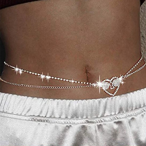 Kristallhjärta midjekedjor silver strass mage kedja lager nattklubb kropp accessoarer glittrande kroppssmycken för kvinnor och flickor