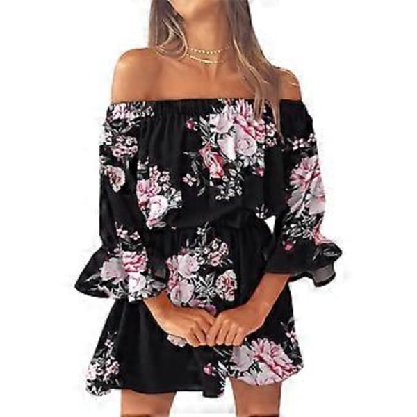 Dame Casual Blomsterprint Off Shoulder Trompetærme Swing Kjole (style6079)