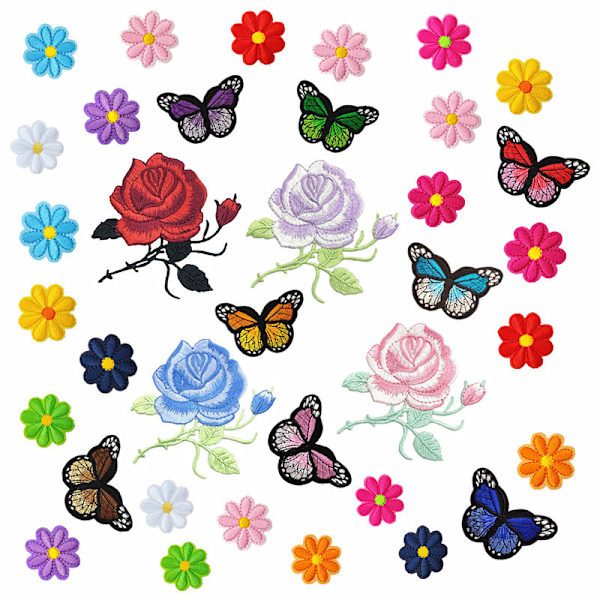 36 stk. Blomsterbroderi Strykejern-på Patch, Sommerfuglbroderi
