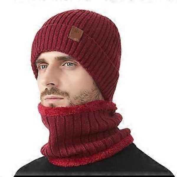 Vinterstickad huvudbonad Polyester Varm Mössa Stickad Halsduk Combo för Cykling Skidåkning Och Utomhussporter Varm Ushanka Vinröd Wine Red