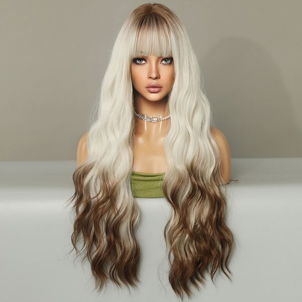 Silvervit (färgad brun i änden) 80CM peruk i full längd med ba