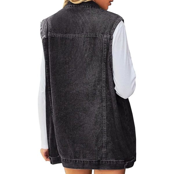 Dame Denimjakke Ermeløs Knappelukking Jean Vest Midt Lang Vest.X Large.Svart