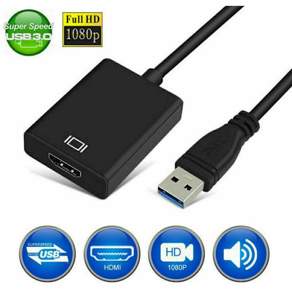USB 3.0 till HDMI-konverterare, kabeladapter, svart