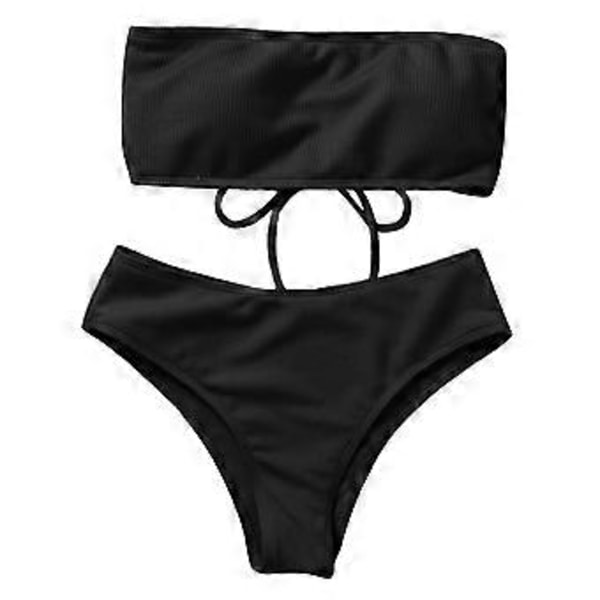 Dame Stropløs Høj Talje Bikini Sæt To Dele Badedragt Mavekontrol Sort XL Black XL