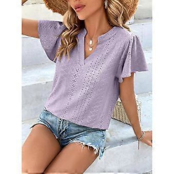 Lilla XL Hul Ruffle Erme Bluse V-hals Ensfarget Kortermet Bluse Topp for Kvinner Dame Jente