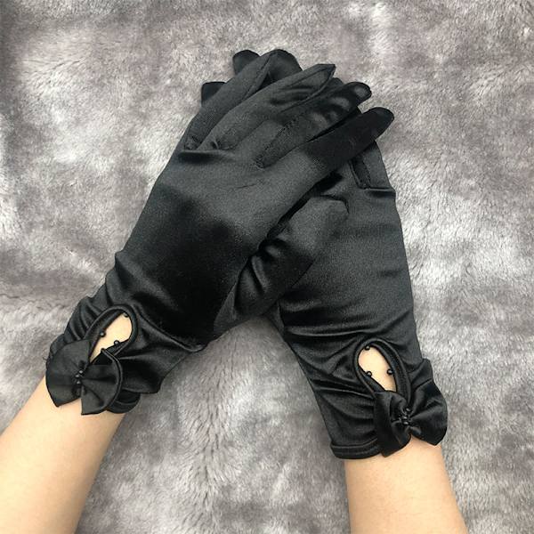 Vita blandade handskar, korta, svarta, med rosett D Damhandskar
