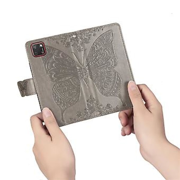 För Huawei Y5P 2020 Fjäril Kärlek Blomma Präglat Horisontellt Flip Läderfodral med Ställ / Kortplats / Plånbok / Snodd Gray