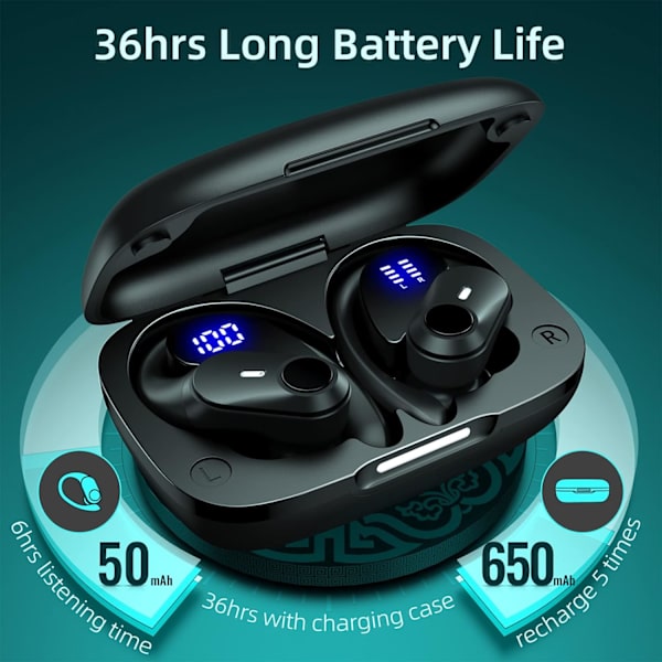 Bluetooth-kuulokkeet 5.3 Langattomat nappikuulokkeet 36 tunnin toistoaika Langaton latauskotelo Digitaalinen LED-näyttö Korvan yli -kuulokkeet Korvakoukuilla Vedenpitävä Kuulokemikrofoni Urheiluun Juoksuun Treeniin Musta