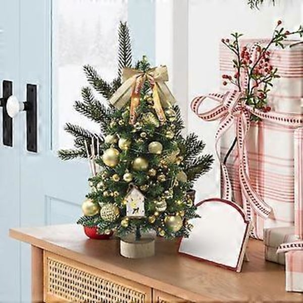 Mini Juletræ til Skrivebord 2023 Julepynt Håndværk Dekorativt Ornament Festlig LED Lysdekoration til Pejs Skrivebord Golden