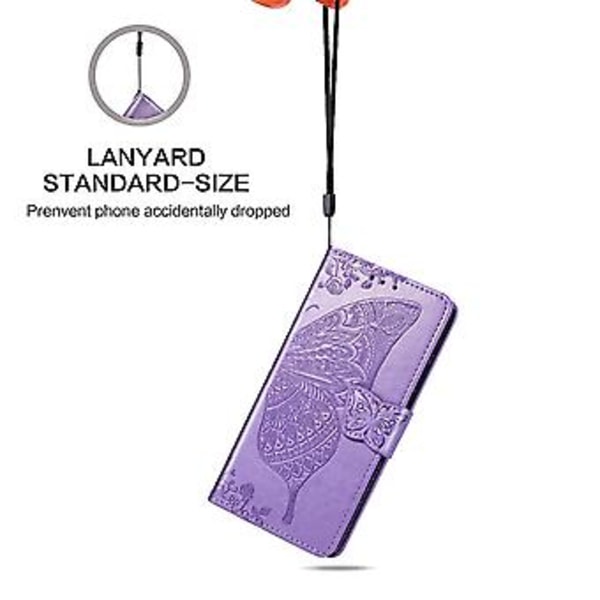 För Huawei Y5P 2020 Fjäril Kärlek Blomma Präglat Horisontellt Flip Läderfodral med Ställ / Kortplats / Plånbok / Snodd Light Purple