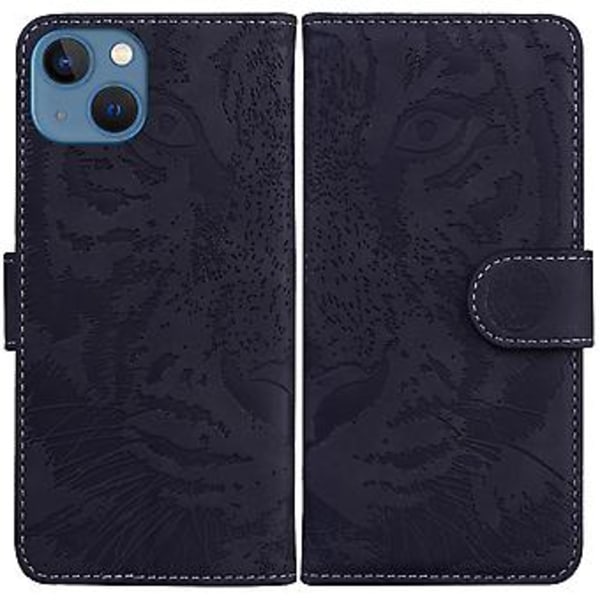 Tiger Präglat Läderfodral För iPhone 14 Black