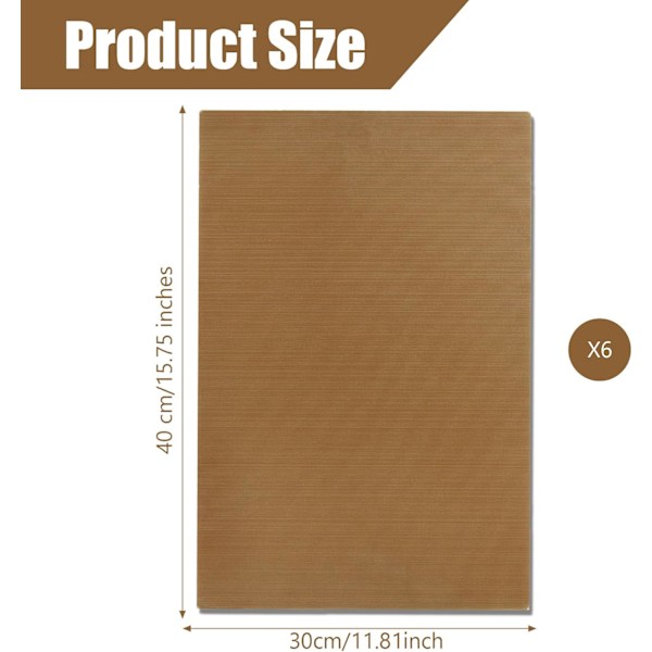 6-pak vaskbar PTFE ovnpude, 30x40cm varmebestandig silikone bagepude, genanvendelig non-stick bagepude, silikone bagebakkepude