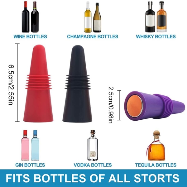 Wine Stoppers Set of 6, Reusable Silicone Beverage Bottle Stopper