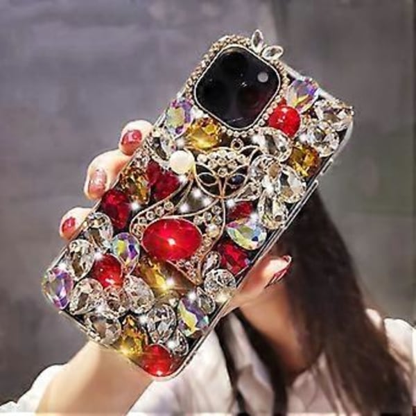 Kotelo yhteensopiva iPhone 13 Pro Max:n kanssa, 3D käsintehty ylellinen kiiltävä kristalli glitter strassi jalokivet kirkas kova PC-kotelo punainen A
