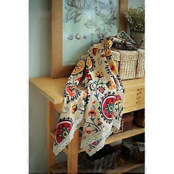 Vintage Blondeblomstduk i blonde, brodert rektangulær vaskbar duk i lin til middag og piknik, 90*90cm