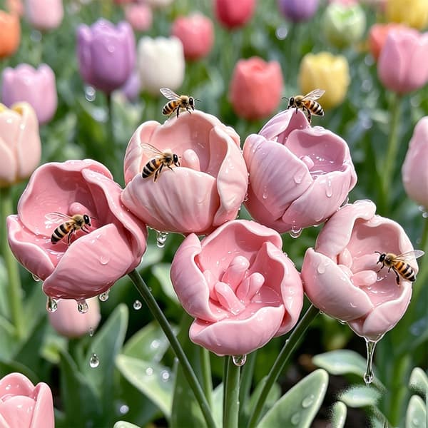 Bifoder, femfarvede dekorative havebiavlblomster, kunstig blomst porcelænspynt