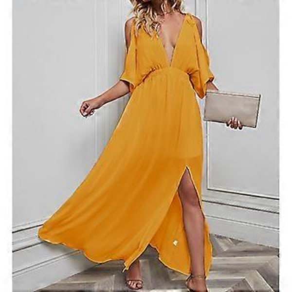 Lang kjole for kvinner, dyp V-hals, lett chiffon, høy splitt, elegant sommerkjole for damer
