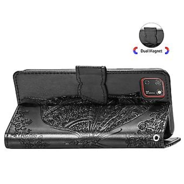 För Huawei Y5P 2020 Fjäril Kärlek Blomma Präglat Horisontellt Flip Läderfodral med Ställ / Kortplats / Plånbok / Snodd Black