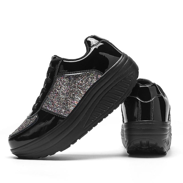 Wedge-sneakers för kvinnor, glänsande kilskor med snörning, skor som ökar andningshöjden Träskor.41.Svarta