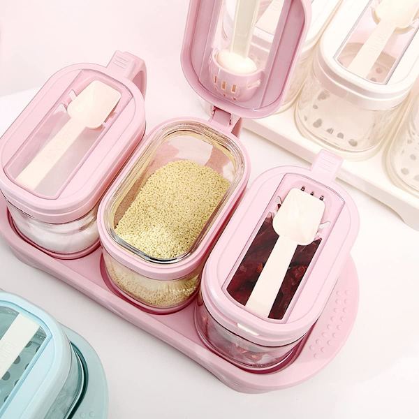 (Pink farve) 3 stk./sæt med bakke  Transparent glas krydderiglas