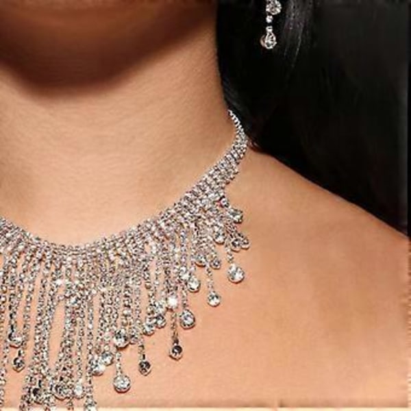 Strass Kristall Set Halsband Örhängen Hänge Silver Lång Tofs