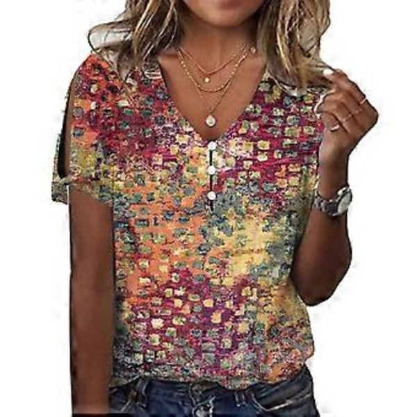 Dame Sommer Top Kold Skulder Kortærmet Blomsterprint V-hals Knap T-shirt til Kvinder Lys Tan XL
