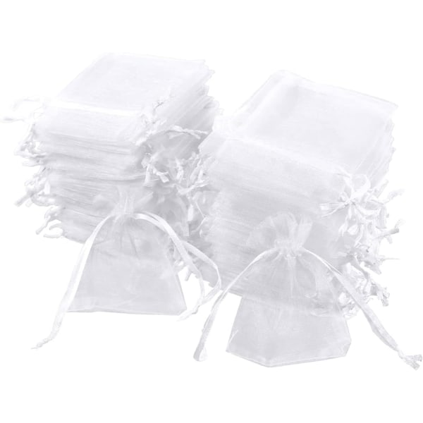 Vit - Förpackning med 100 vita organzapåsar, 7 x 9 cm, organza present b