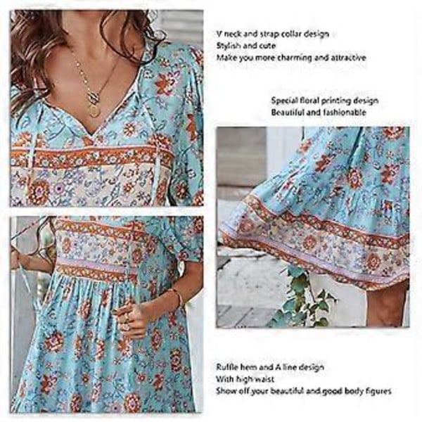 Dame Kortærmet Kjole V-hals Strop Blomsterprint Flæsekant Løs Sommer Casual Kjole