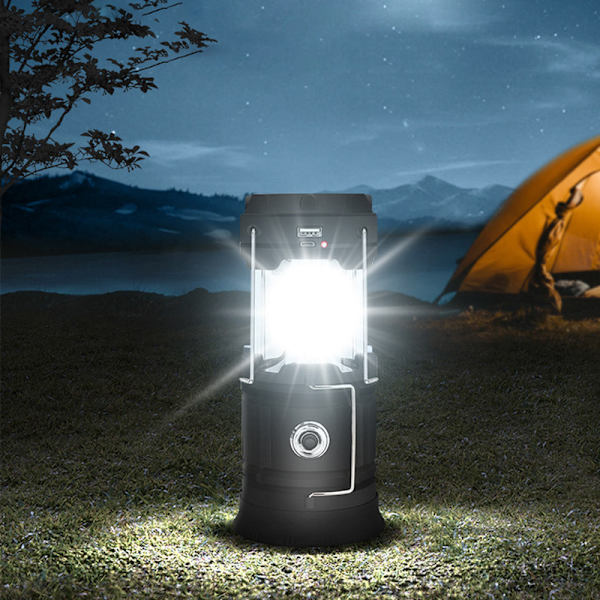 Solcells-/USB-laddningsbar LED-lykta, kraftfull campinglampa, bärbar trädgårdslykta, 360° fackla hängande belysning med vattentät för bivack/räddning/garage/grotta/fiske(svart)