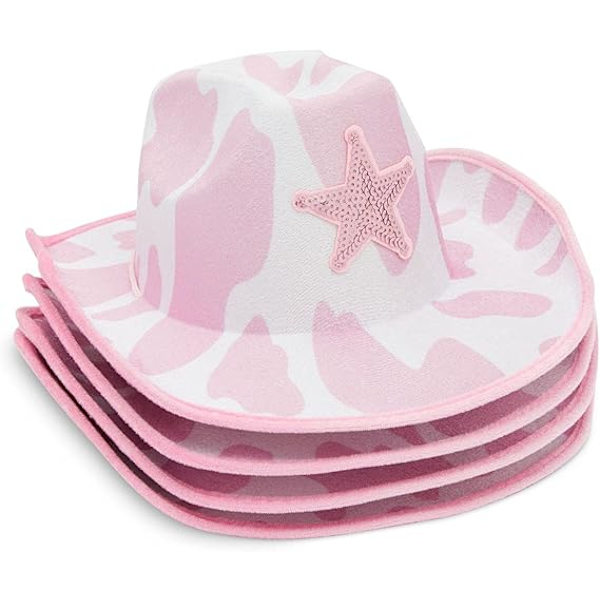 Vaaleanpunainen lehmänkuvioinen cowboy-hattu lapsille ja cowgirleille (yksi koko sopii kaikille)