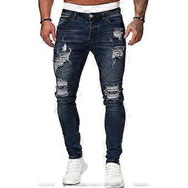Man Slim Fit Elastiske Flænger Denims Bukser Strækbare Herre Jeans Patchs Distresseds Straight Leg Bukser Mørkeblå L Dark Blue L