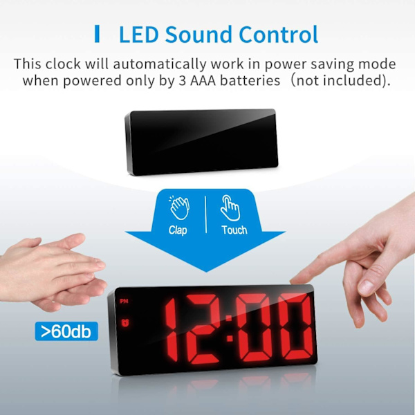 Digital väckarklocka, digital klocka med 3 ljusstyrkenivåer, elektronisk väckarklocka drivs av USB eller 3 AAA-batterier (ingår ej), snooze-väckarklocka med ljudkontroll och LED-display