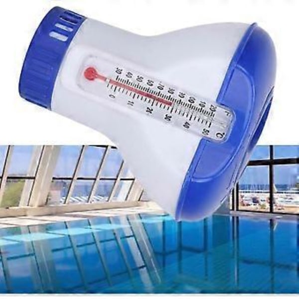 Klordoseringsflottör, flytande poolkemikaliedispenser för klor med termometer för inomhus- och utomhuspooler