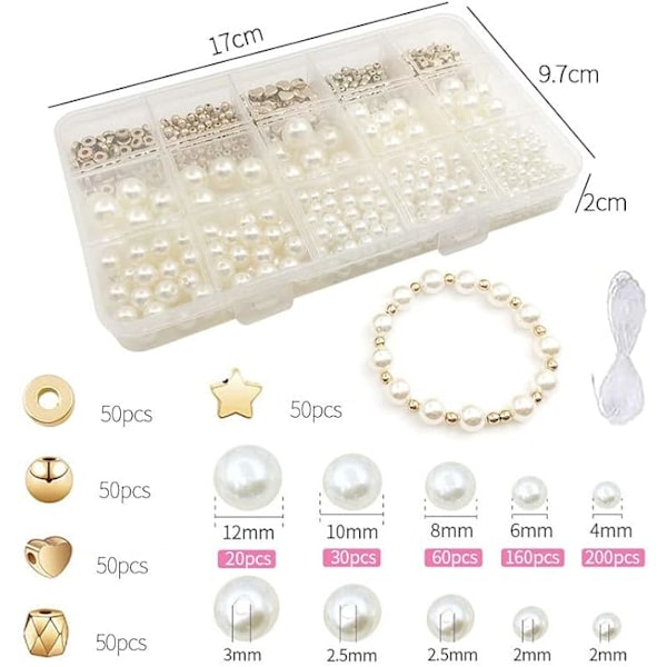 720 stk. hvide runde perler 4/6/8/10/12 mm runde glasperler med 5