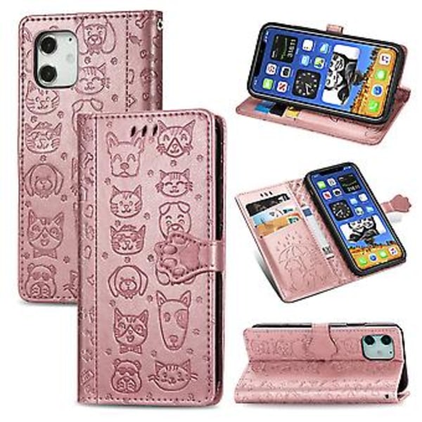 Søtt etui med katt og hund-preging for iPhone 12 / 12 Pro Rose Gold