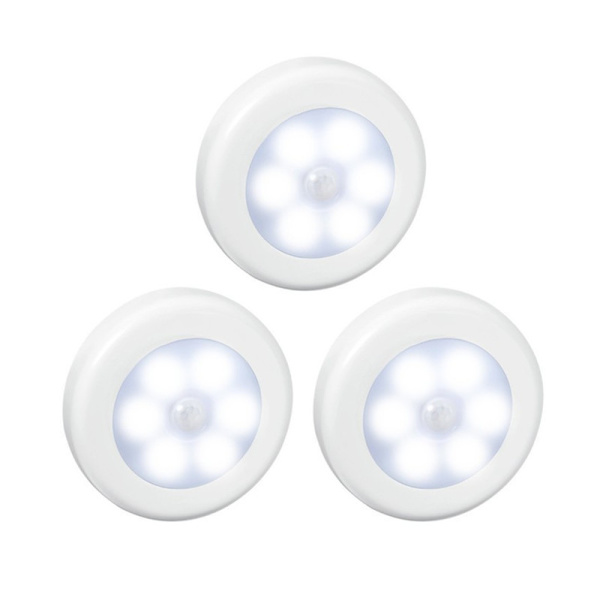 3-delt rund hvit trådløs LED-lampe med bevegelsessensor, egnet
