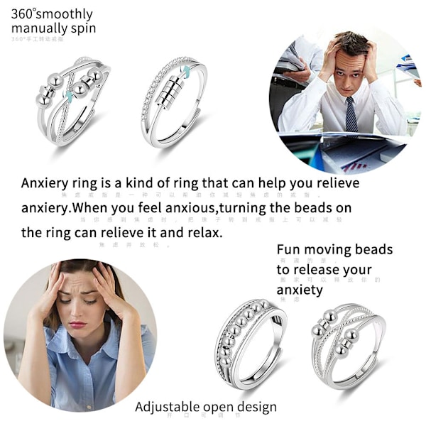 4 fingerring-gyroer til kvinder, åben roterende fingerring i rustfrit stål, justerbare stabletilbehør, angstlindrende ring B