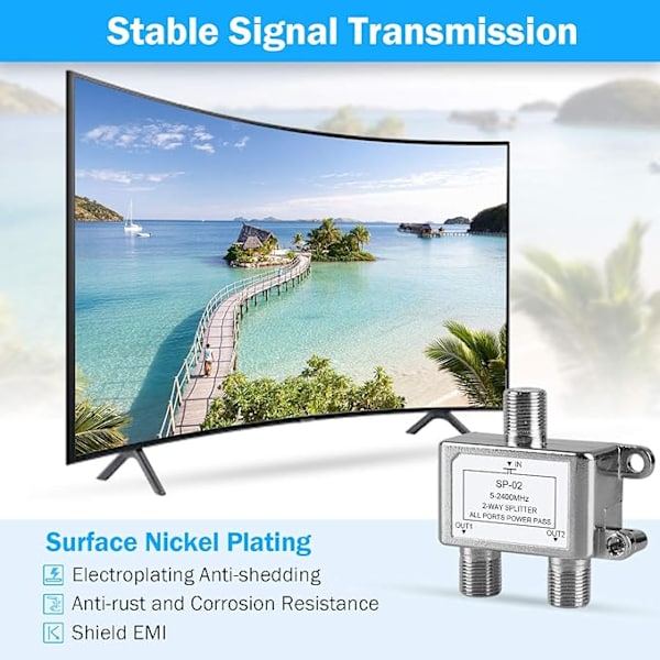 Digital 2-vejs koaksialkabelsplitter 5-2400MHz, kompatibel med RG6