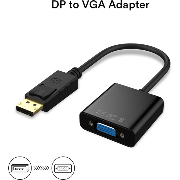 1080P(Musta) DP-VGA-sovitin, kullattu DisplayPort-VGA-kaapeli