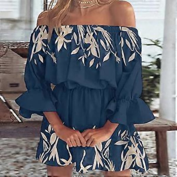Dame Casual Blomstret Print Off Shoulder Trompetærme Swing Kjole (style6071)