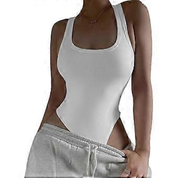 Tanktoppbody for kvinner, dyp U-hals, ermeløs, ryggløs, elastisk, slankende, ensfarget, strikket, jumpsuit i ett stykke, XL, hvit