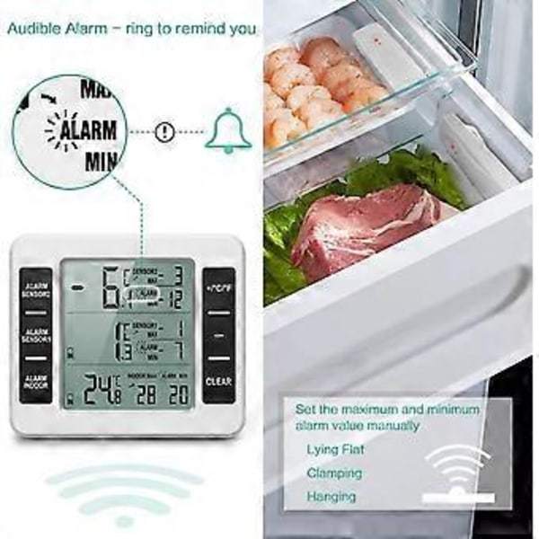 Køleskabstermometer, trådløst digitalt frysetermometer med 2 trådløse sensorer, temperatur, lydalarm, min. og maks. display, LCD-display f