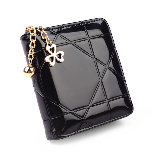 Dame kortholder med lynlås, lille kortholder i lakeret læder, ternet clutch-pung, sort