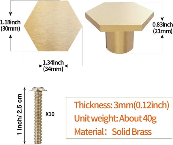 10 Stykker 21*30*34mm Solid Messing Sekskantede Knotter, Skapdør