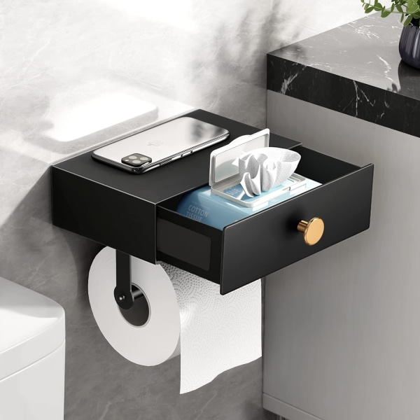 WC-paperiteline hyllyillä Musta kylpyhuonepyyhkeiden annostelija S