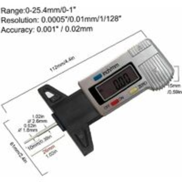 Sølv-Tread Dæktrådsdybdemåler 0-25,4 mm Tykkelsesmåler
