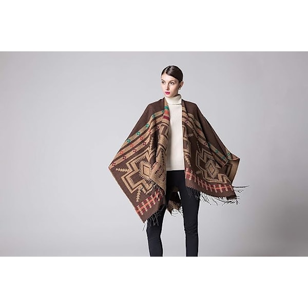 Kahvi Cashmere Poncho Wrap kukkakuvioilla ja hapsureunoilla