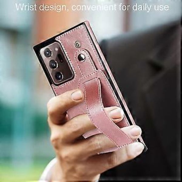 Suunniteltu Samsung Galaxy Note 20 Ultra/Note20 Plus 5G -lompakkokotelolle säädettävällä rannehihnalla, jalustalla, PU-nahkaisella luottokorttipidikkeellä, iskunkestävä Hy Pink