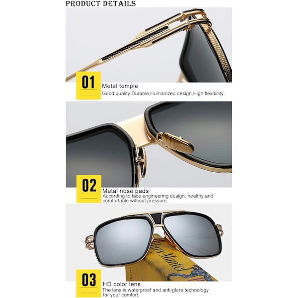 Ylisuuret klassiset mustat aurinkolasit Goggle Retro Gold Alloy