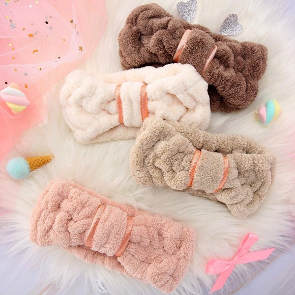 4 stk. Mikrofiber Spa Ansigts Makeup Hovedbånd Elastisk (Kaffe, Khaki, Pink og Hvid)
